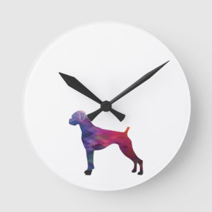 Boxer Dog Natural Ears Geo Silhouette Purple Round Clock