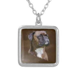 Boxer Dog Oil Painting Art Portrait Silver Plated Necklace