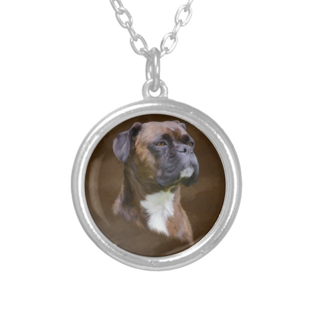 Boxer Dog Oil Painting Art Portrait Silver Plated Necklace (Front)