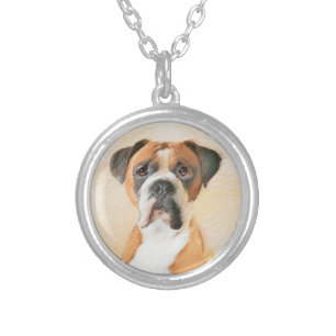 Boxer Dog Painting Uncropped Original Animal Art Silver Plated Necklace