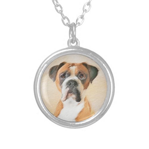 Boxer Dog Painting Uncropped Original Animal Art Silver Plated Necklace