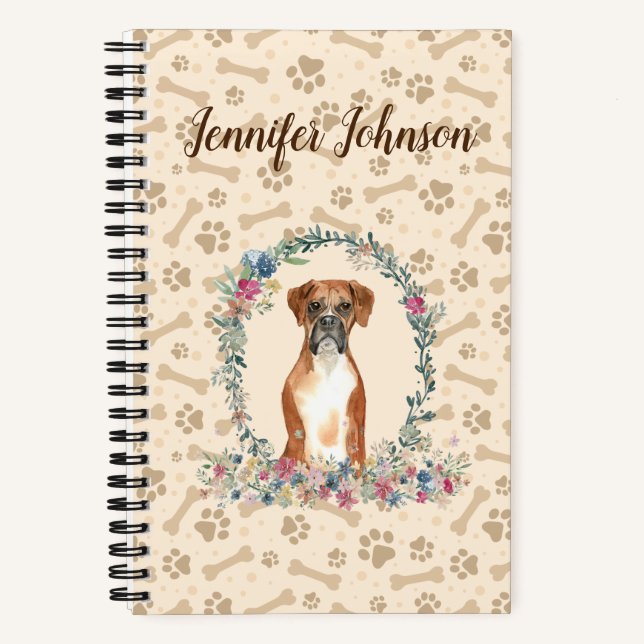 Boxer Dog Paw Print & Floral Cute Notebook (Front)