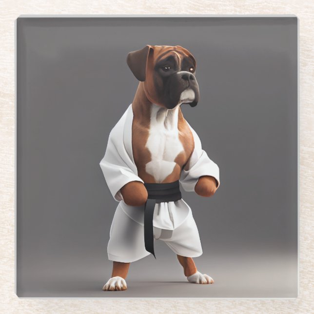 Boxer Dog Play Karate, Boxer Dog Karate Player Glass Coaster (Front)