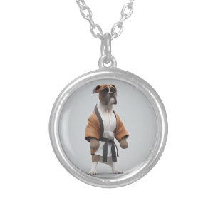 Boxer Dog Play Karate, Karate Champion Boxer Dog Silver Plated Necklace
