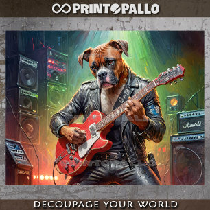 Boxer dog playing electric guitar on a stage - tissue paper