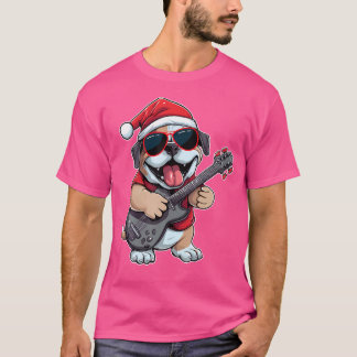Boxer Dog Playing Guitar Santa Hat Xmas Boxer Dog  T-Shirt