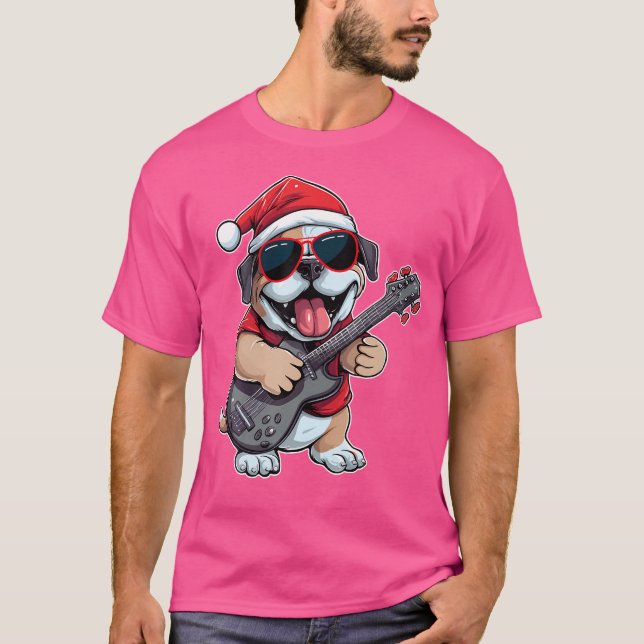 Boxer Dog Playing Guitar Santa Hat Xmas Boxer Dog  T-Shirt (Front)