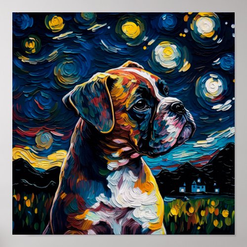 Boxer Dog Puppy Starry Night Van Gogh Style Poster