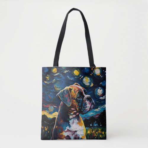 Boxer Dog Puppy Starry Night Van Gogh Style Tote Bag
