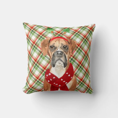 Boxer Dog Red and Green Plaid Christmas Holiday Throw Pillow