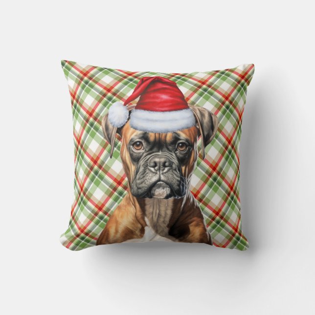 Boxer Dog Red and Green Plaid Christmas Holiday Throw Pillow (Front)