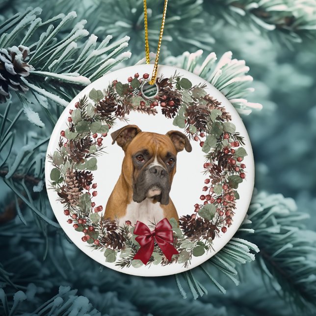 Boxer Dog Red Bow Pinecone Wreath Personalized Ceramic Ornament (Creator Uploaded)