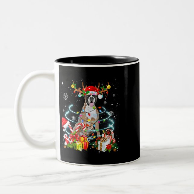 Boxer Dog Reindeer Christmas Tree Lights Pajama Xm Two-Tone Coffee Mug (Left)