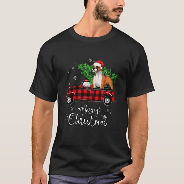 Boxer Dog Ride Red Truck Christmas Pajama Long Sle T-Shirt (Front)