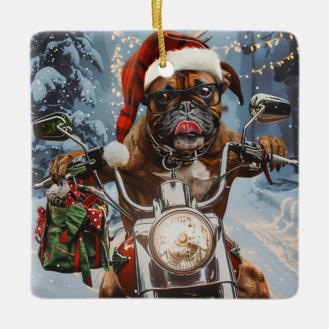 Boxer Dog Riding Motorcycle Christmas  Ceramic Ornament (Front)