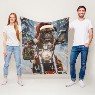 Boxer Dog Riding Motorcycle Christmas Fleece Blanket