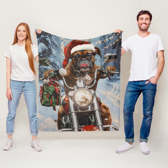 Boxer Dog Riding Motorcycle Christmas  Fleece Blanket (In Situ)