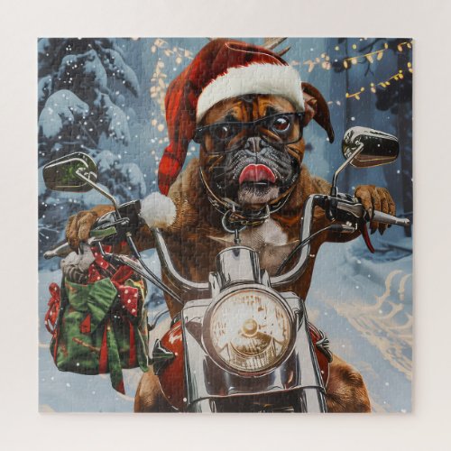 Boxer Dog Riding Motorcycle Christmas  Jigsaw Puzzle