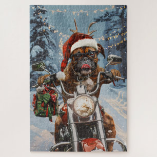 Boxer Dog Riding Motorcycle Christmas Jigsaw Puzzle