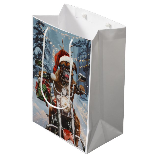 Boxer Dog Riding Motorcycle Christmas  Medium Gift Bag (Front Angled)