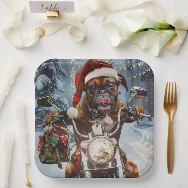 Boxer Dog Riding Motorcycle Christmas  Paper Plates (Wedding)