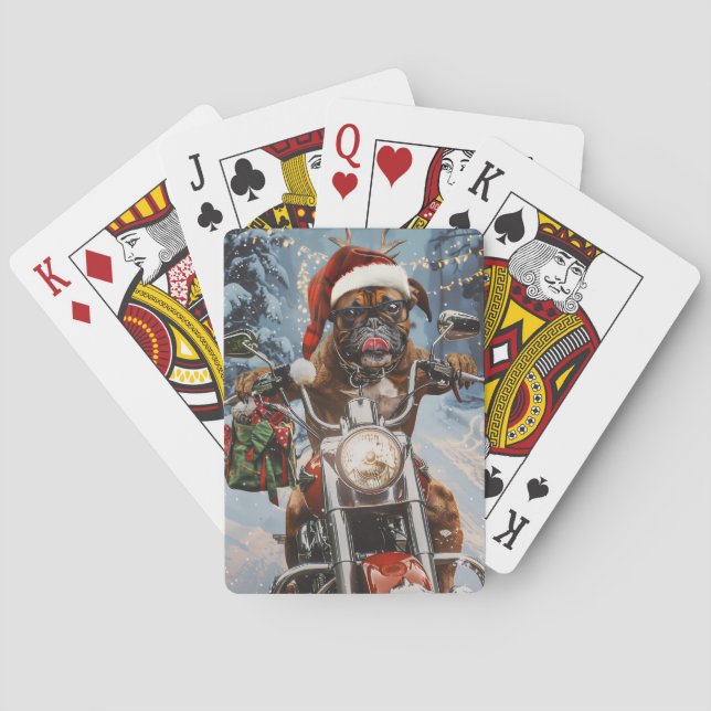 Boxer Dog Riding Motorcycle Christmas  Poker Cards (Back)