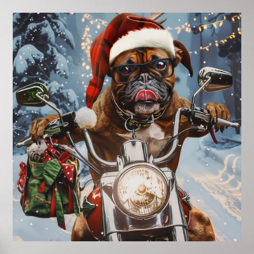 Boxer Dog Riding Motorcycle Christmas  Poster