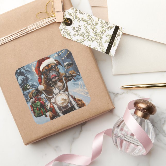 Boxer Dog Riding Motorcycle Christmas  Square Sticker (Gifting)