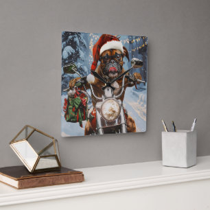 Boxer Dog Riding Motorcycle Christmas Square Wall Clock