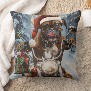 Boxer Dog Riding Motorcycle Christmas Throw Pillow