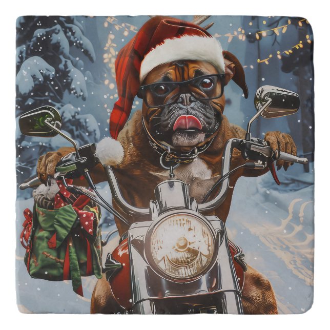 Boxer Dog Riding Motorcycle Christmas  Trivet (Front)