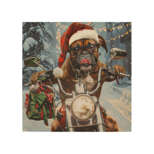 Boxer Dog Riding Motorcycle Christmas Wood Wall Art