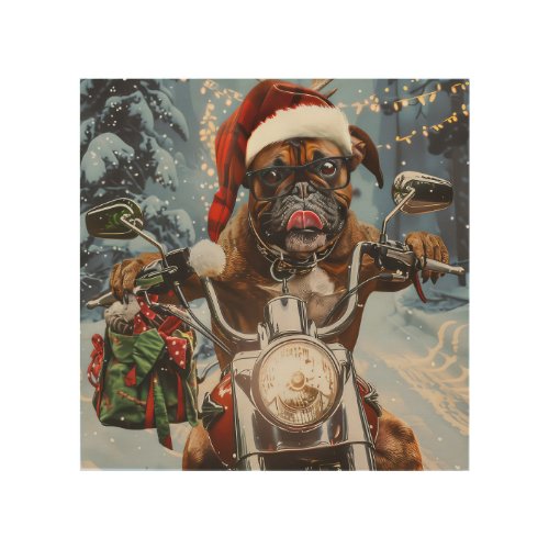 Boxer Dog Riding Motorcycle Christmas  Wood Wall Art