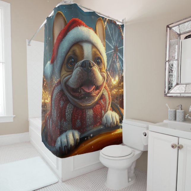Boxer Dog Roller Coaster Christmas Shower Curtain (In Situ)