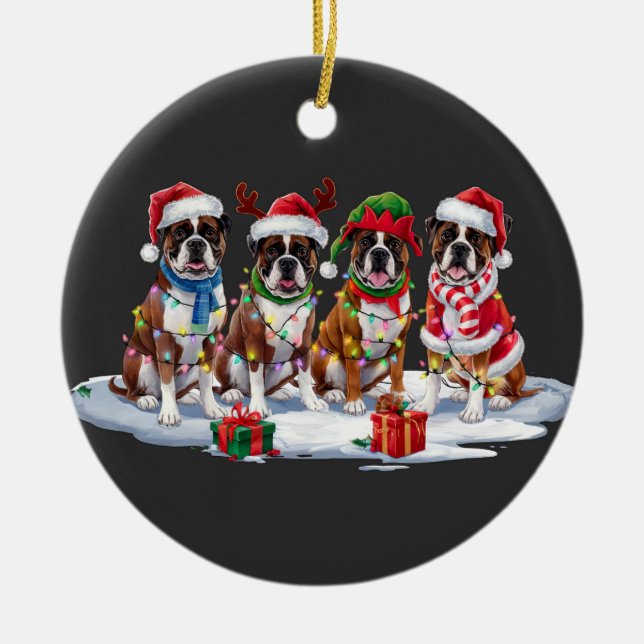 Boxer dog Santa hat antlers elf Christmas lights  Ceramic Ornament (Front)