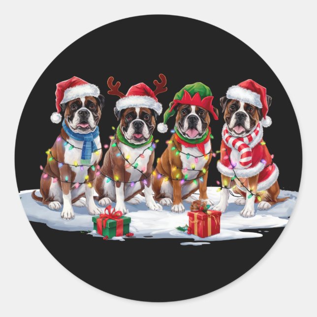 Boxer dog Santa hat antlers elf Christmas lights  Classic Round Sticker (Front)