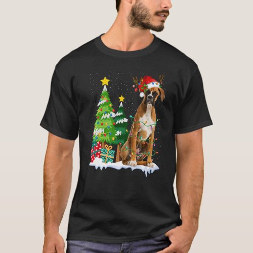 Boxer Dog Santa Hat Reindeer Christmas Lights  T_Shirt