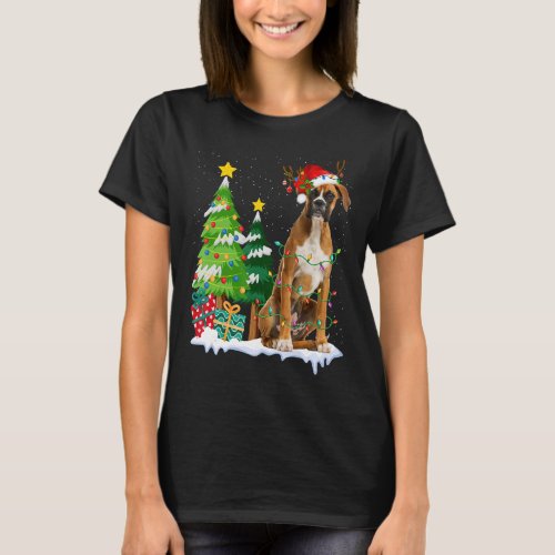 Boxer Dog Santa Hat Reindeer Christmas Lights T_Shirt