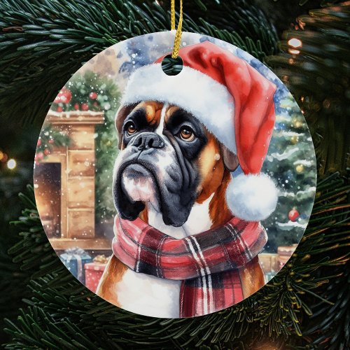 Boxer Dog Scarf and Santa Hat Christmas Ceramic Ornament