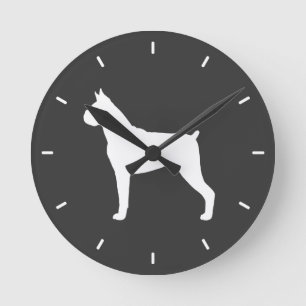 Boxer Dog Silhouette (Cropped Ears) Round Clock