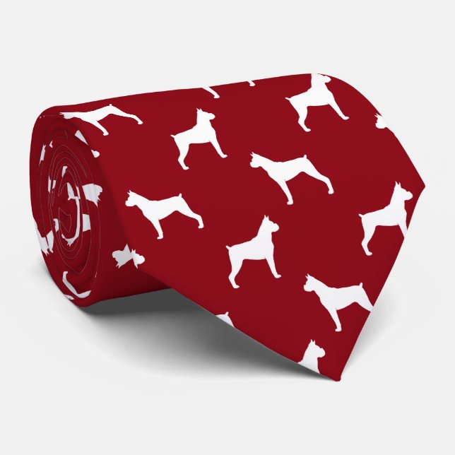 Boxer Dog Silhouettes Pattern (Cropped Ears) Tie (Rolled)