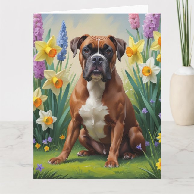 Boxer Dog Spring Flowers Painting Card (Front)