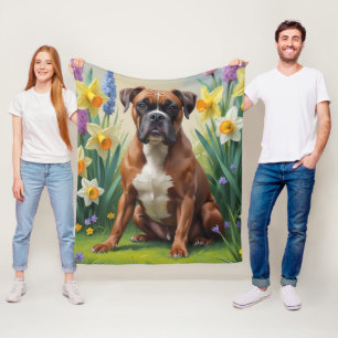 Boxer Dog Spring Flowers Painting Fleece Blanket