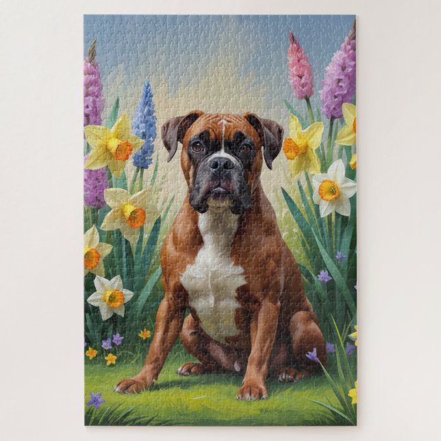 Boxer Dog Spring Flowers Painting Jigsaw Puzzle (Vertical)