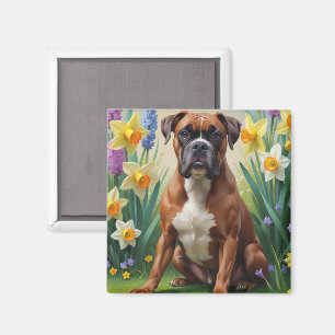 Boxer Dog Spring Flowers Painting Magnet