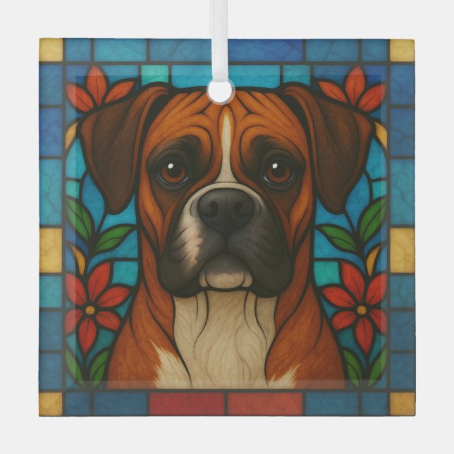 Boxer Dog "Stained Glass"  Glass Ornament (Front)
