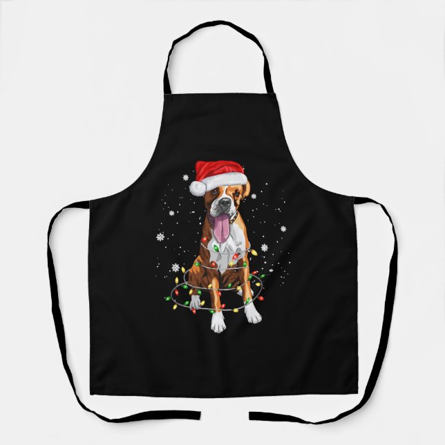 Boxer Dog Tree Christmas Lights Xmas Pajama Apron (Front)