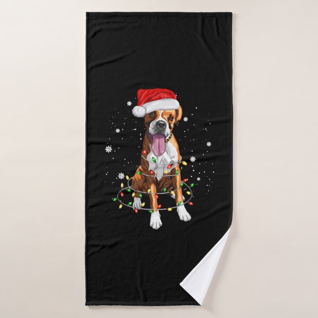 Boxer Dog Tree Christmas Lights Xmas Pajama Bath Towel (Bath Towel)