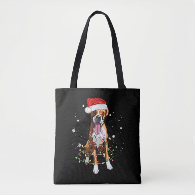 Boxer Dog Tree Christmas Lights Xmas Pajama Tote Bag (Front)