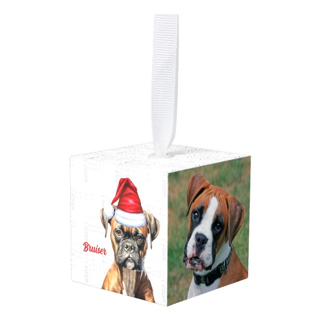 Boxer Dog Two Photo Christmas Holiday Cube Ornament (Front Angled)